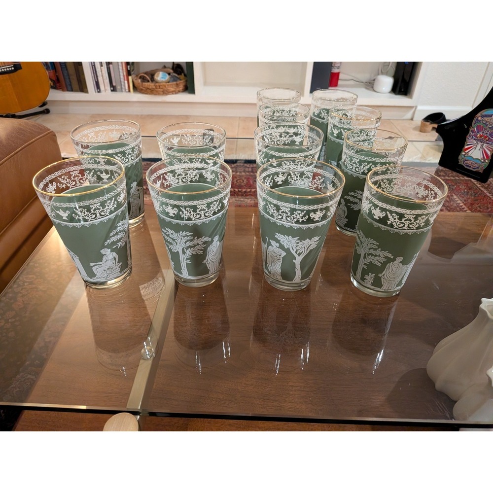 Lot Vintage Jeannette Hellenic Green Glasses Wedgwood Jasperware Style 6 sm 6 lg - Picture 7 of 13